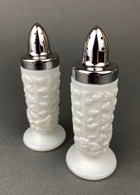 Milk Glass Salt and Pepper Shakers. Grape Vine Motif.