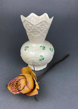 Antique Belleek Vase, Ireland. Cream Colored Porcelain Flower Vase with Schamrock Motif. Vase with Scalloped Rim. Gift for Her.