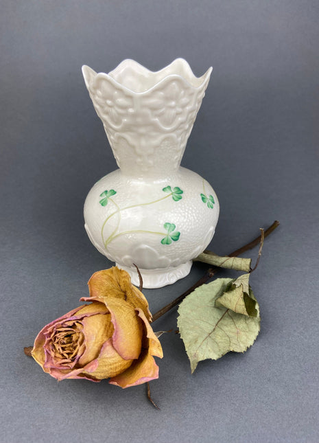 Antique Belleek Vase, Ireland. Cream Colored Porcelain Flower Vase with Schamrock Motif. Vase with Scalloped Rim. Gift for Her.