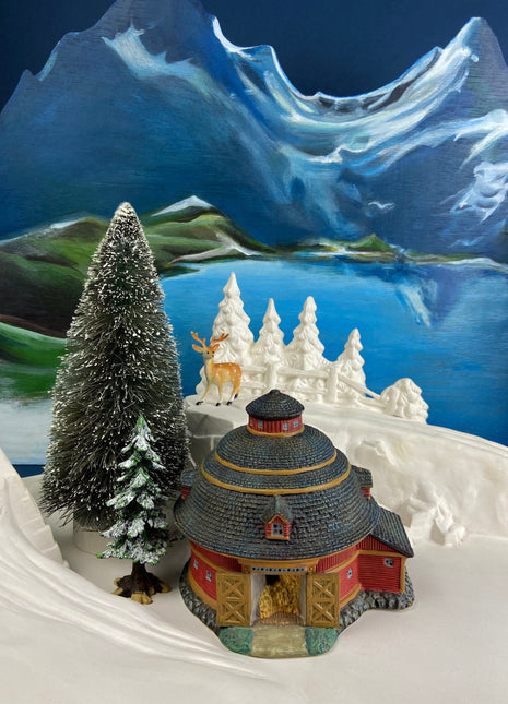 Village Accessories by Lang and Wise. Red Round Barn. Town Hall Collectibles. Artwork of Linda Nelson Stock.