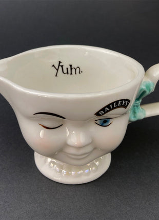 Bailey's Winking Face Creamer with Blue Bow. Yum Collectible Creamer. Limited Edition.