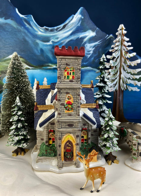 Christmas Village Accessories by St. Nicholas Square. Illuminated Stone Church. Porcelain Lighted House.