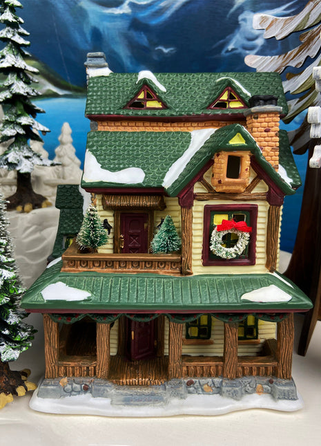 Christmas Village Accessories by St. Nicholas Square. Illuminated Old Victorian with Wooden Porch. Porcelain Lighted House.