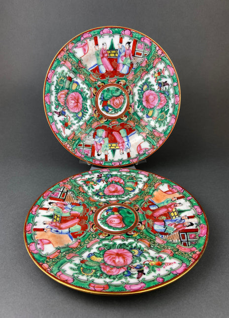 Collection of Vintage, Asian Serving Dishes. Hand Painted in Hong Kong, Tea Cup , Two Serving Plates, Creamer and Sugar Bowl.