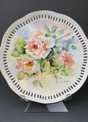Vintage Serving or Decorative Plate. Hand Painted Porcelain Plate. Rose Motif. Wall Hanging Plate with Reticulated Rim.