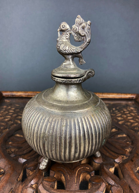 Vintage, Indian, Heavy Metal Vase with Lid. Vase with Statue of Peacock. Collectible Art Piece. Office or Home Decor. Gift for Him or Her.