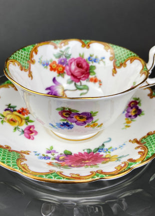 Vintage Aynsley Tea Cup Trio. Cup, Saucer, and Small 6" Dessert Plate. Blue and Gold, with Hand Painted Bouquet of Flowers. Fine Bone China.