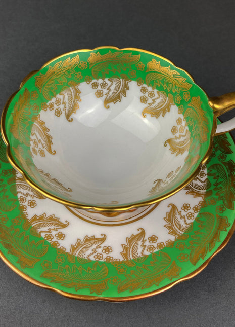 Vintage Royal Stafford Tea Cup and Saucer. Rare Green Coloring with Gold Filigree Motif. Made in England.