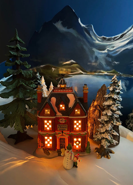 Christmas Village Accessories by Department 56. Illuminated Boarding and Lodging School. Dickens' Village Series.