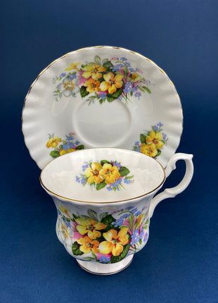 Vintage Tea/Coffee Cup and Saucer. Royal Albert Summertime Series. Forget-Me-Nots and Gold Flowers. Fine Bone China Made in England.