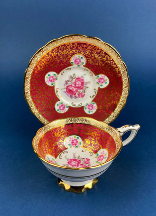 Teacup or Coffee Cup and Saucer. Painted Roses on Pink Background. Made in England, 497H.