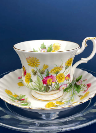 Royal Albert Teacup with Saucer. Tea Set with Hand Painted Prairie Rose. Cup with Intricate Handle and Scalloped Saucer Made in England.