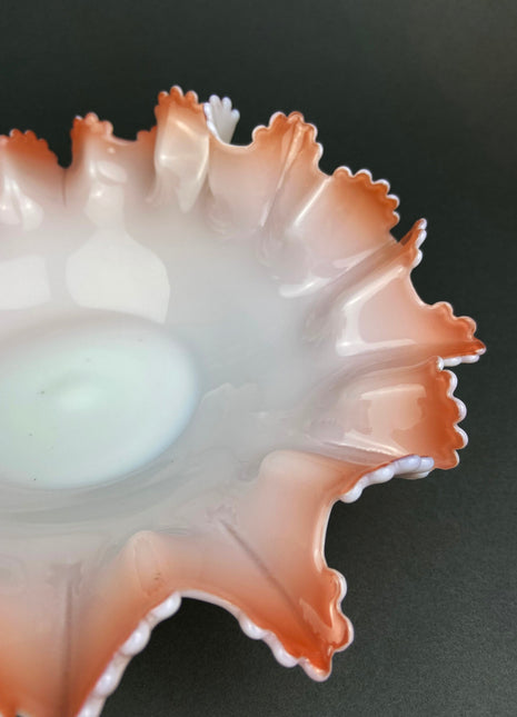 Vintage Heirloom Glass Bowl. Opalescent White/Peachy Pink Serving Dish. Collectible Tableware with Ruffled and Scalloped Edges.