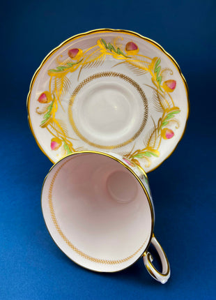 Vintage Tea Cup and Saucer.  Tuscan. Beautiful Pink Coloring with Warm Gold and Acorn Motif.  Fine Bone China. Made in England.