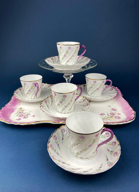 Antique Star Paragon Tea or Coffee or Chocolate Set. Tray and Set of Five Cups & Saucers. Fluted, Hand-Painted Fine Bone China. Fine Tableware.