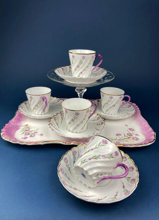 Antique Star Paragon Tea or Coffee or Chocolate Set. Tray and Set of Five Cups & Saucers. Fluted, Hand-Painted Fine Bone China. Fine Tableware.