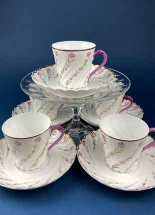 Antique Star Paragon Tea or Coffee or Chocolate Set. Tray and Set of Five Cups & Saucers. Fluted, Hand-Painted Fine Bone China. Fine Tableware.
