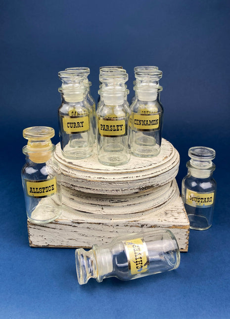 Vintage Glass Spice/Apothecary Bottles with Glass Stoppers. Collectible Bottles For Home, Cafe or Store Display. Set of Ten Bottles.