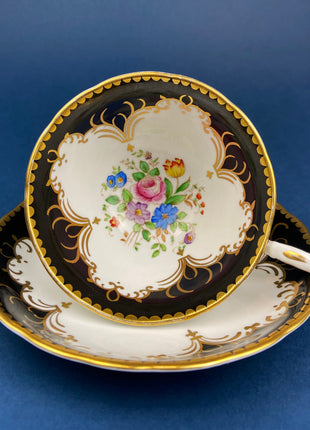Vintage, Black & Gold Cup and Saucer. Royal Grafton Fine Bone China. Gold, Handpainted Floral Motifs. Collectible. Gift for Him or Her.