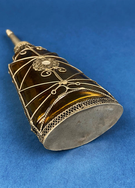 Antique Glass Rosewater Sprinkler with Metal Wire Filigri. Amber Colored Perfume/Fragrance/ Oil Dispenser. Middle Eastern Collectibles.