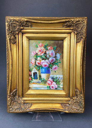 Original Still Life Oil Painting. Painting on Board. Pink Roses in a Blue Vase. Chic Home Decor. Gift for Her. Gift for Mom.