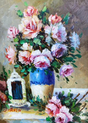 Original Still Life Oil Painting. Painting on Board. Pink Roses in a Blue Vase. Chic Home Decor. Gift for Her. Gift for Mom.