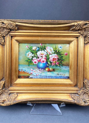 Original Still Life Oil Painting. Painting on Board. Pink Roses in a Blue Vase. Chic Home Decor. Gift for Her. Gift for Mom.