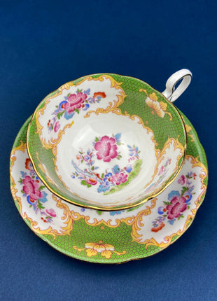 Teacup or Coffee Cup and Saucer. Painted Roses on Pink Background. Made in England, 497H.
