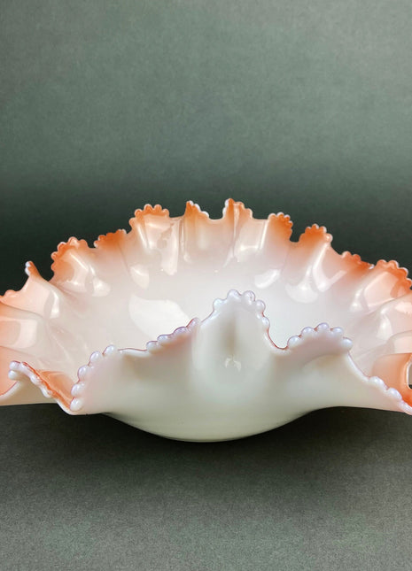 Vintage Heirloom Glass Bowl. Opalescent White/Peachy Pink Serving Dish. Collectible Tableware with Ruffled and Scalloped Edges.