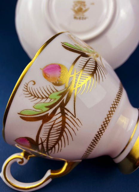 Vintage Tea Cup and Saucer.  Tuscan. Beautiful Pink Coloring with Warm Gold and Acorn Motif.  Fine Bone China. Made in England.