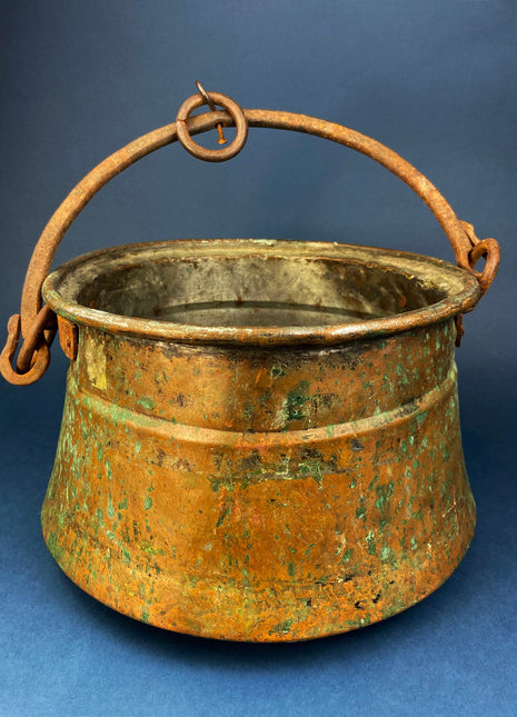 Antique Copper Cauldron. Large Hand Pounded Bucket with Wrought Iron Handle. Hand Hammered Fire Wood Scuttle. Rustic Home Decor.