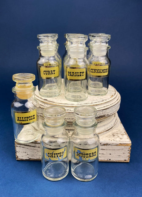 Vintage Glass Spice/Apothecary Bottles with Glass Stoppers. Collectible Bottles For Home, Cafe or Store Display. Set of Ten Bottles.