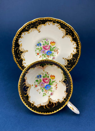 Vintage, Black & Gold Cup and Saucer. Royal Grafton Fine Bone China. Gold, Handpainted Floral Motifs. Collectible. Gift for Him or Her.