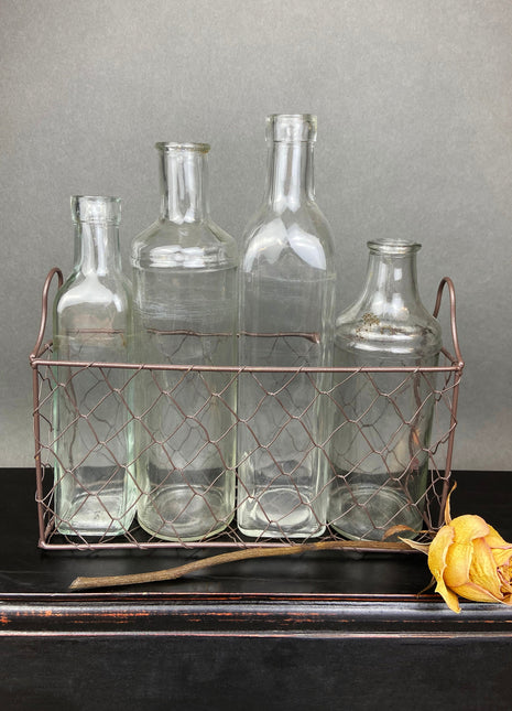 Vintage Glass Apothecary Bottles. Flower Vases in a Metal Basket. Four Collectible Bottles For Shabby Chic Home, Cafe or Store Display.