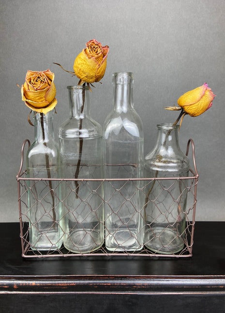 Vintage Glass Apothecary Bottles. Flower Vases in a Metal Basket. Four Collectible Bottles For Shabby Chic Home, Cafe or Store Display.