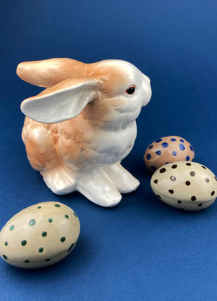White and Gold Rabbit/Bunny Figurine. Sitting Bunny with Gold/Brown Patches. Easter/Spring Celebration. Childrens' Room Decor.