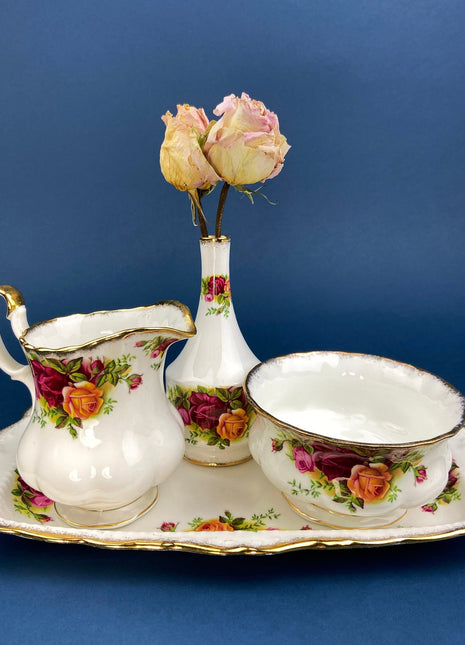 Royal Albert Breakfast Tray. Old Country Roses Motif. Tray, Creamer, Sugar Bowl and Vase. Made in England. Gift for Her. Replacements.