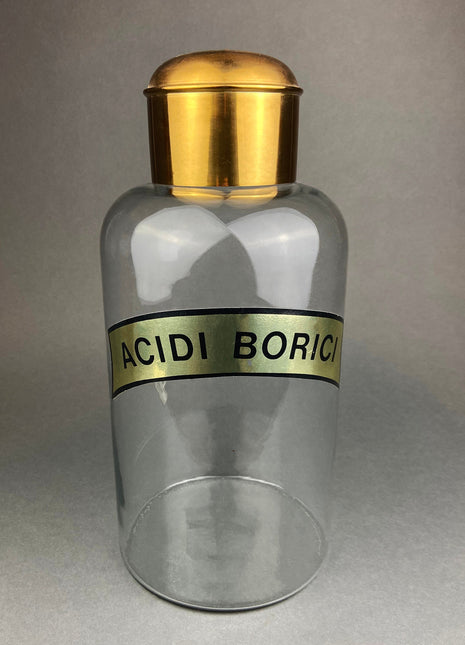 Vintage, Extra Large Apothecary Bottles. Italian, Boric Acid & Sodium Bicarbonate Jars with Brass Caps. Set of Two Apothecary Jars.