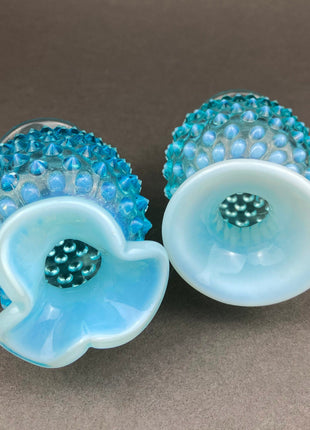 Vintage, Fenton, Hobnail Glass Vases. Blue Opalescent Glass. Set of Two Small Vases. Round and Ruffled Openings. French Decor.