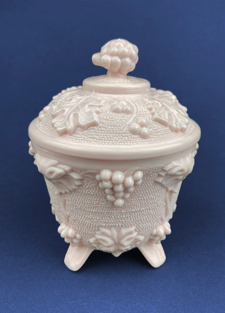 Pink Milk Glass Jar with Lid. Grape Vine Motif. Footed Trinket Dish with Lid. Collectible Pink Candy Dish. Gift for Mom. Gift for Her.