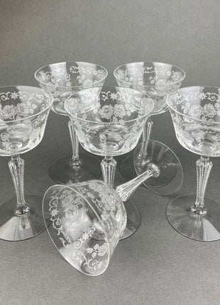 Antique Tall Sherbet Crystal Glasses by Fostoria. Etched Midnight Rose Pattern. Set of Six, 4 oz, Glassware. Replacements. Fine Dining.