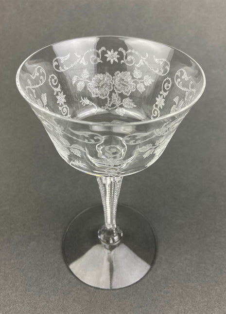 Antique Tall Sherbet Crystal Glasses by Fostoria. Etched Midnight Rose Pattern. Set of Six, 4 oz, Glassware. Replacements. Fine Dining.