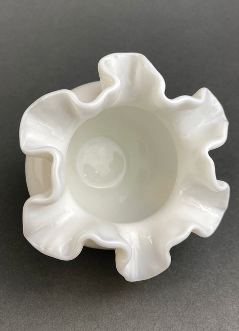 Small Milk Glass Vase With Ruffled Edge. Round Flower Vase. White Bedroom Decor. Collectible Milk Glass.