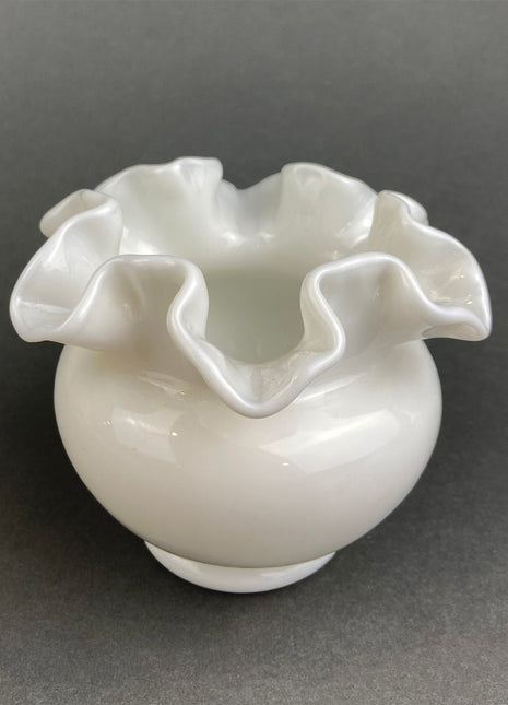 Small Milk Glass Vase With Ruffled Edge. Round Flower Vase. White Bedroom Decor. Collectible Milk Glass.