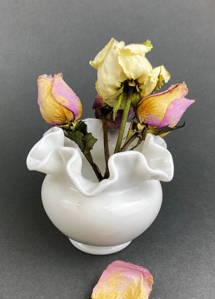 Small Milk Glass Vase With Ruffled Edge. Round Flower Vase. White Bedroom Decor. Collectible Milk Glass.