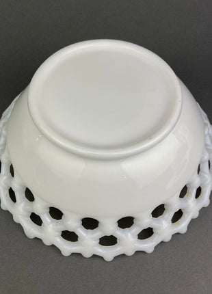 Vintage Milk Glass Bowl. Serving Dish with Reticulated Rim. Open Lace White Table Centerpiece. Collectibles. Replacements.