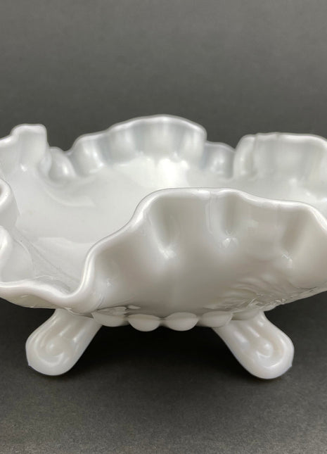 Milk Glass Footed Bowl. Candy Dish with Grape Motif & Ruffled Rim. White Table Centerpiece. Trinket Dish. Bathroom and Bedroom Decor.