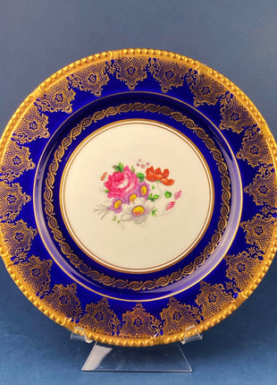 Rich Gold and Burgundy Serving Plate. Antique 11" OMCO Chekoslovakia Porcelain Plate. Spun Gold Brim and Floral Motif.