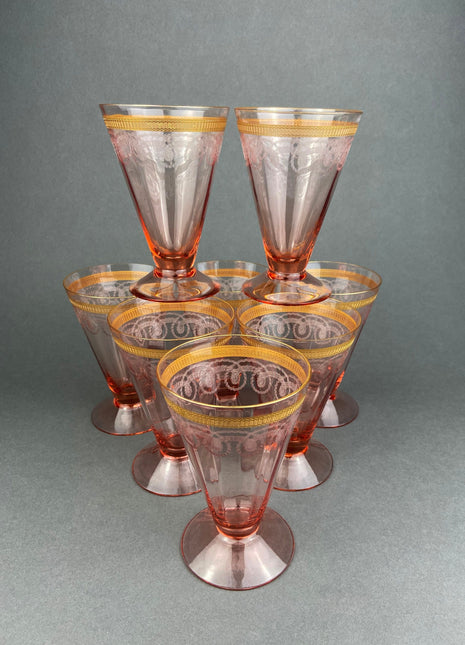 Antique Pink Crystal Water or Juice Goblets. Morgana Pink by Morgantown. Set of Eight, 8oz Footed Tumblers. Replacements.