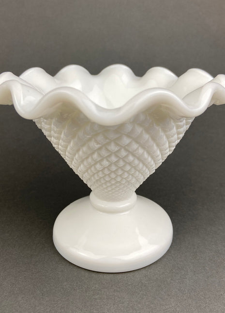 Westmoreland Milk Glass Candy Dish with Ruffled Edge. Vintage, Waffle Pattern Trinket Dish. White Footed Bowl. Fine Dining. Collectible.